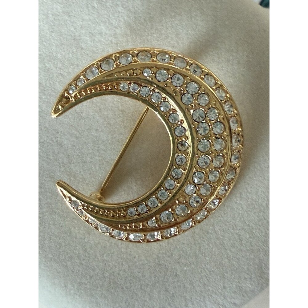 Vintage Joan Rivers Crescent Moon Brooch Pin Rhinestone Signed Celestial Gold
